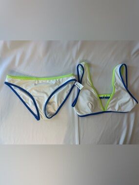 aerie White Bikini Set with Blue and Neon Green Trim